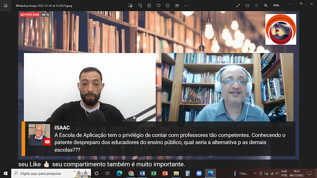 Live de Ernani com Jairo Telles, do Canal “Recuperação in Foco” falando sobre reflexões e ações preventivas dentro das escolas